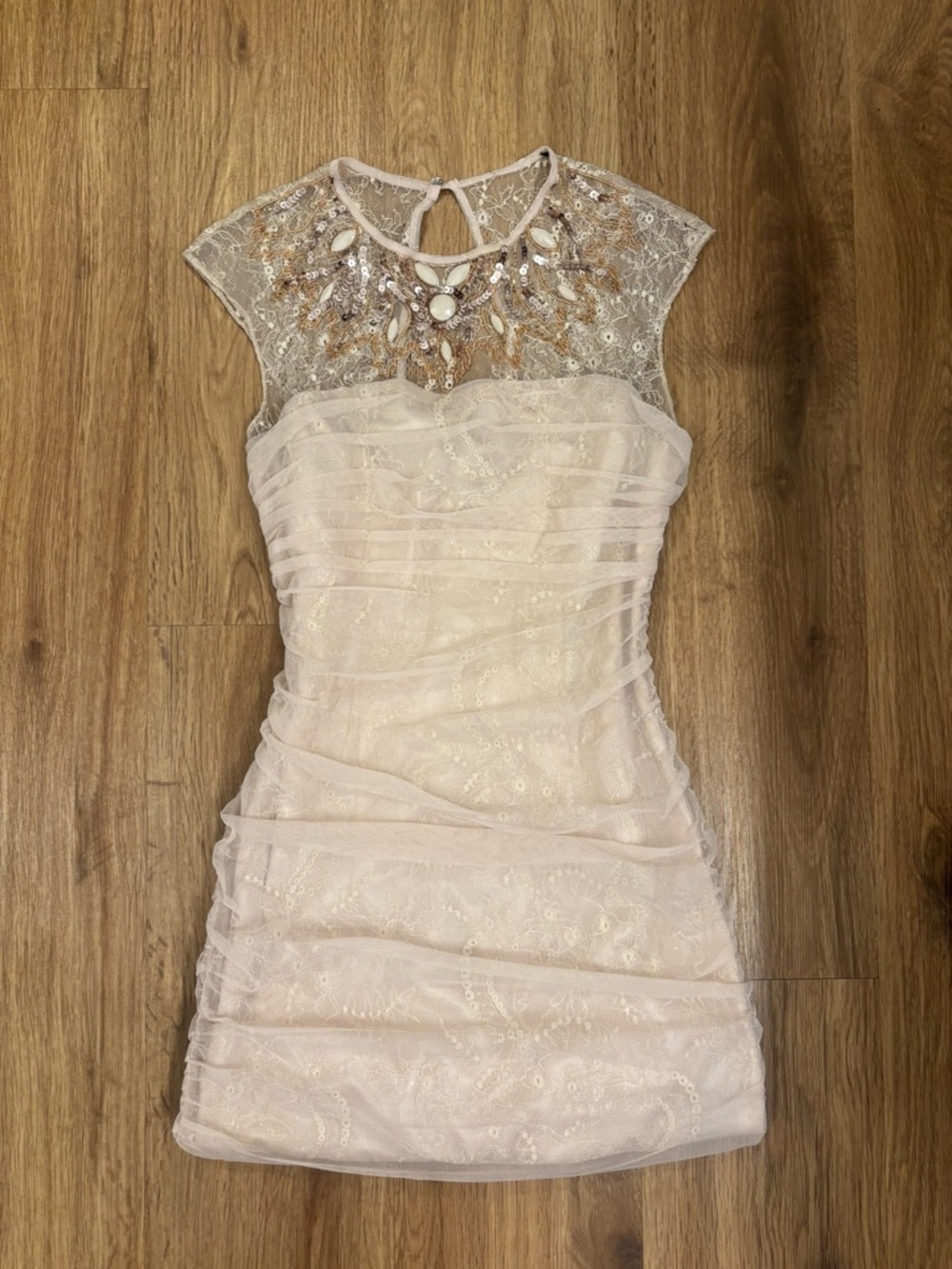 bebe Blush Lace Mini Dress with Jeweled Illusion Neckline
